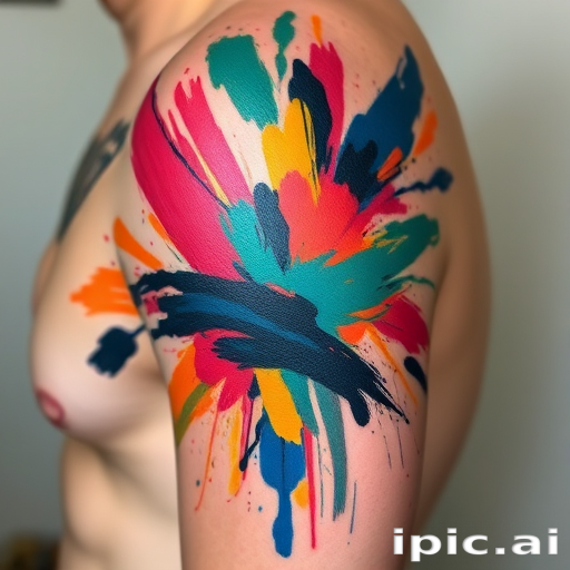 Vibrant Abstract Color Splash Tattoo Art on a Person's Shoulder