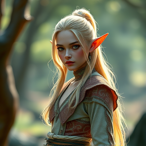 Create a high-resolution image of a graceful elf-like character with long pointed ears, wearing a stylish outfit made of intricate patterns and delicate fabrics, in a well-lit fantasy setting, captured with a full-frame DSLR camera at f/2.8, ISO 100, 50mm lens, and a soft focus background for depth.