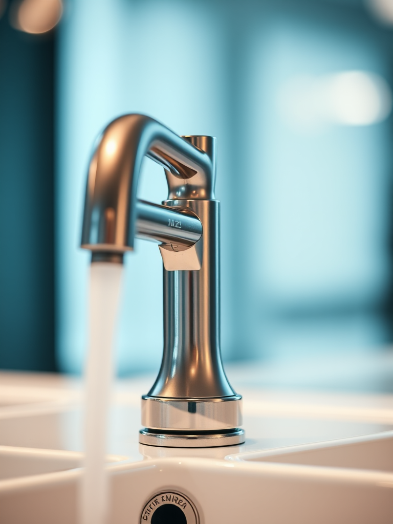 Create a high-resolution image of a modern faucet with a sleek design, focus on the metallic finish, soft lighting, macro lens, f/2.8 aperture, 50mm lens, shallow depth of field, studio lighting setup.