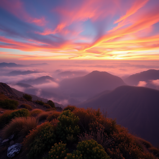 Generate a high-resolution image of a serene mountain landscape at sunrise with vibrant colors and soft mist, shot with a Canon EOS R5, 24mm lens, aperture f/8, ISO 100, shutter speed 1/60s, using a wide-angle view for depth and clarity.