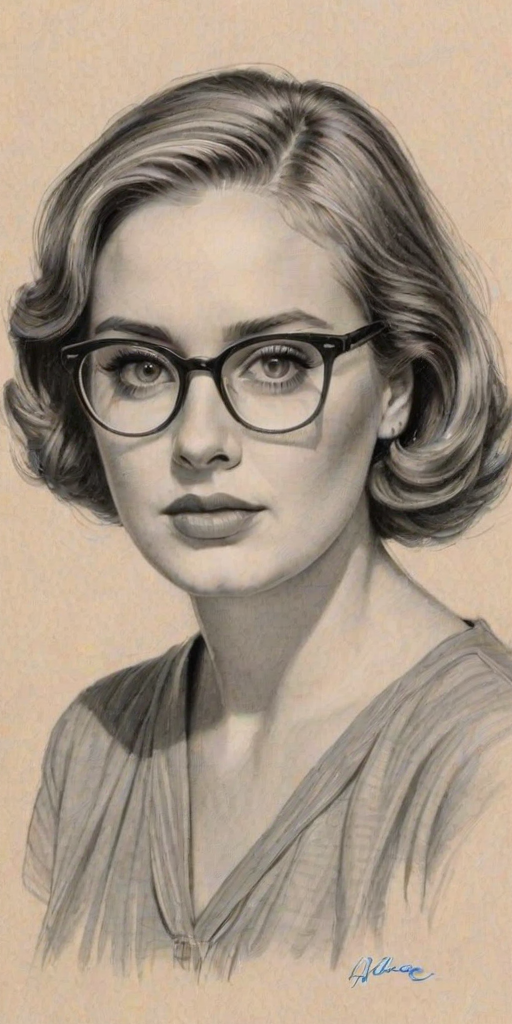 Captivating Adele Laurie Blue Adkins, pencil sketch, portrait of Wonderful woman 1935s in glasses, hair style beatnik, outline, clear lines, fine lines, 8k