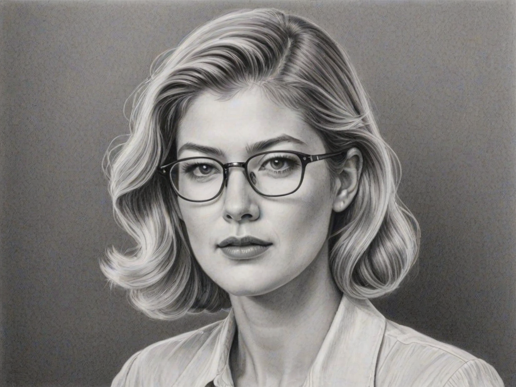 Stunning Rosamund Pike, pencil sketch, portrait of Beauteous woman 1943s in glasses, hair style beatnik, outline, clear lines, fine lines, 8k