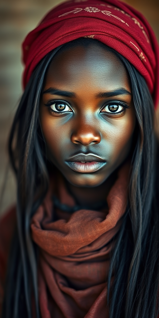 Create a portrait of a young Zulu woman with long, dark hair and captivating hazel eyes. She is wearing a red headscarf and a matching scarf draped gracefully around her neck. The background is softly blurred, focusing attention on her serene and natural expression. The overall color palette is muted and warm, enhancing the intimate and authentic feel of the portrait.