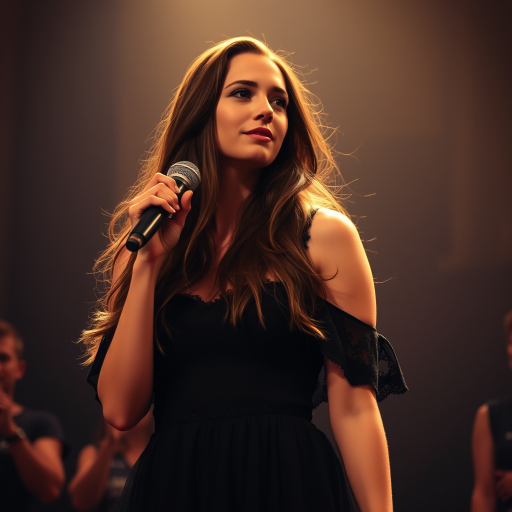 A young woman with long, flowing brown hair is standing in the center of the frame, holding a microphone in her right hand, and looking slightly off to the right side of the frame. She is wearing a black, off-the-shoulder dress with delicate lace detailing. The lighting is warm and dramatic, creating a spotlight effect on the singer. There are other figures in the background, blurred and out of focus, suggesting a concert or performance setting. The camera angle is low, capturing the woman from the waist up. The overall atmosphere is intimate and captivating.