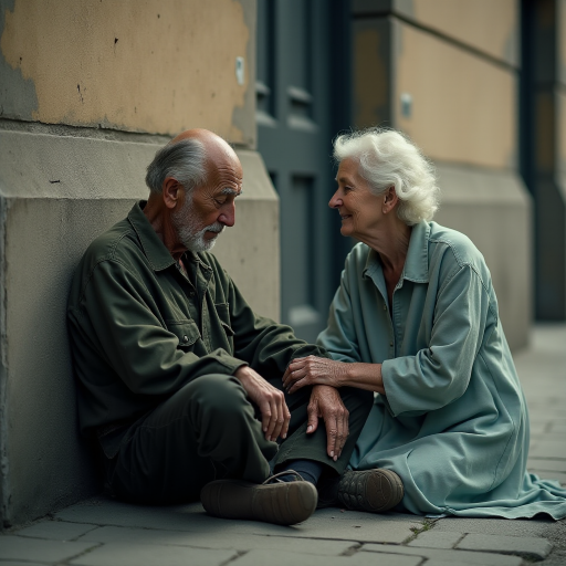 beautifully weathered old homeless veteran sitting on the ground slumping against the wall of a building with his eyes closed. there is an Ethereal, translucent figure of a beautiful elderly woman comforting him
