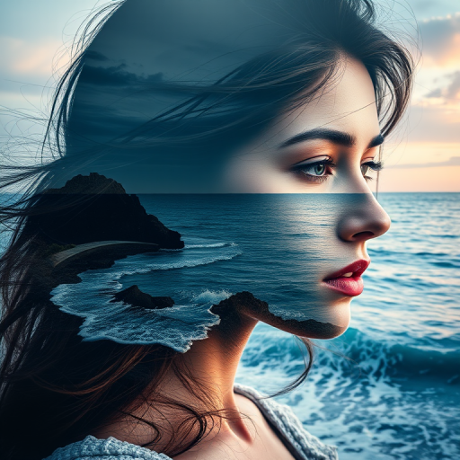 imagine Book cover, A surreal double exposure portrait that blends a woman's face with a beautiful seascape. The overall mood is dreamy and mystical, with rich colors and intricate details
