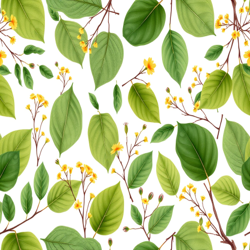 create a seamless pattern of various green leaves, yellow flowers, and delicate branches on a white background
