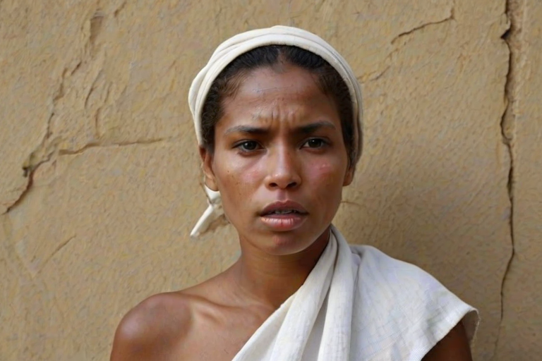 Create a close-up photographic image of a Aboriginal Australian woman with light skin tones shown against an old, worn wall. Their head is wrapped in a white cloth covering (i.e.... parts of the head except the nose and mouth, which are open as if they are screaming...), with a slight texture and visible folds in the fabric. Thin strands of blonde hair escape from the wrapping above, falling lightly at the top and sides. Their hands hold the fabric as if they are tugging nervously. The lighting is dramatic and even, casting strong shadows. The image has a minimalist and surreal style with an emphasis on simplicity with soft color tones. The composition is centered.
