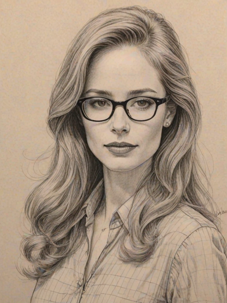 Dazzling Jaime Ray Newman, pencil sketch, portrait of Appealing woman 1980s in glasses, hair style beatnik, outline, clear lines, fine lines, 8k