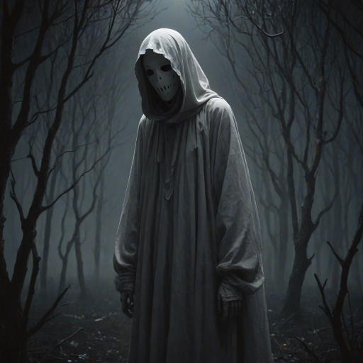night, dark, natural lighting, faceless-humanoid focus, floating, Dafaceless, no face, white_Dafaceless_cloth, 1faceless, intricately detailed illustration, depth of field, atmospheric perspective, horror (theme)