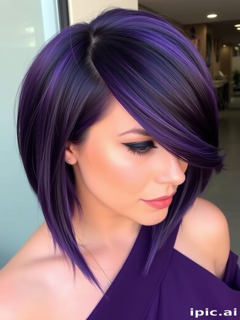 Deep violet hair color styled in a sleek, asymmetrical lob with side-swept bangs, the Amethyst Edge cut combines elegance with edgy sophistication