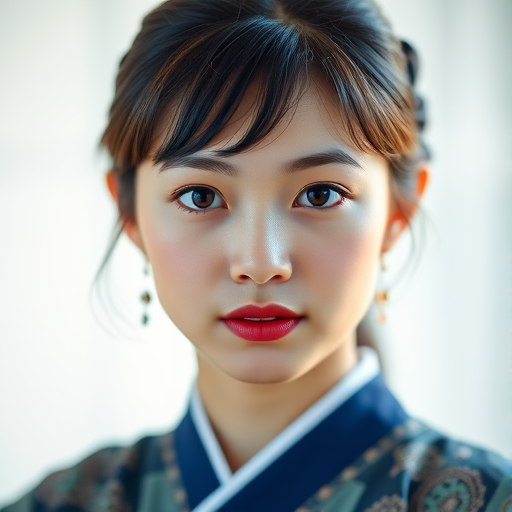 Portrait of a young woman in traditional attire with soft background, natural light, f/2.8 aperture, 85mm lens, shallow depth of field, taken with a DSLR camera, focusing on her expressive eyes and gentle facial features, 1/200 sec shutter speed.