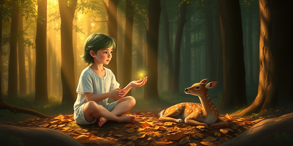 A luminous digital painting of a serene forest scene featuring a barefoot young female, about 7 years old, with green hair and fair skin, dressed in a simple white outfit. He sits cross-legged on the forest floor, gazing at a small, glowing, magical firefly in his hand. Beside him, a delicate spotted deer lies calmly on a bed of dried leaves, observing the scene. The dense forest is bathed in warm, golden light filtering through the trees, creating a peaceful, magical atmosphere with a blend of natural and mystical elements.