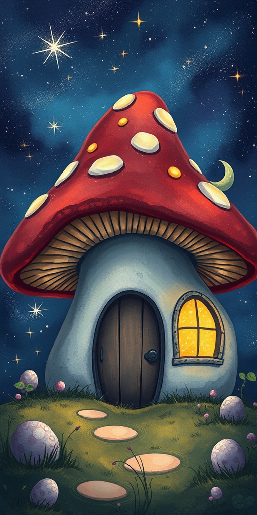 this picture is illustration of a mushroom house with a door and a window, a storybook , fantasy art, mushroom house, bg starry sky, sparkles