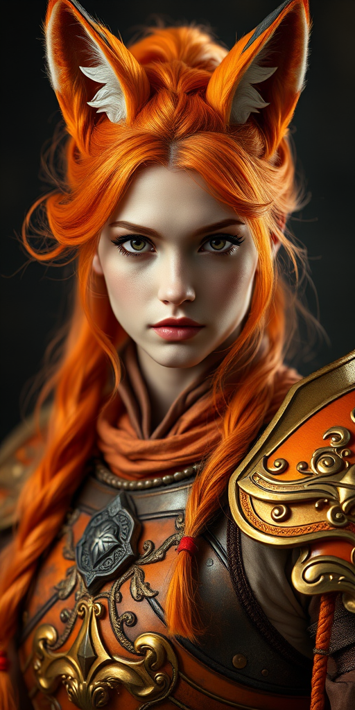 portrait of a female warrior with fox ears and long orange hair wearing an intricate orange and gold armor, studio lighting, f/1.8 aperture, 85mm lens, ISO 100, soft focus background, high definition