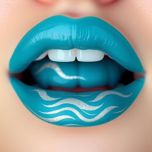 Teal blue lips with wave patterns in silver, dubbed "Ocean's Embrace," offer a refreshing and beachy look with a glossy finish for summer pool parties and seaside vacations