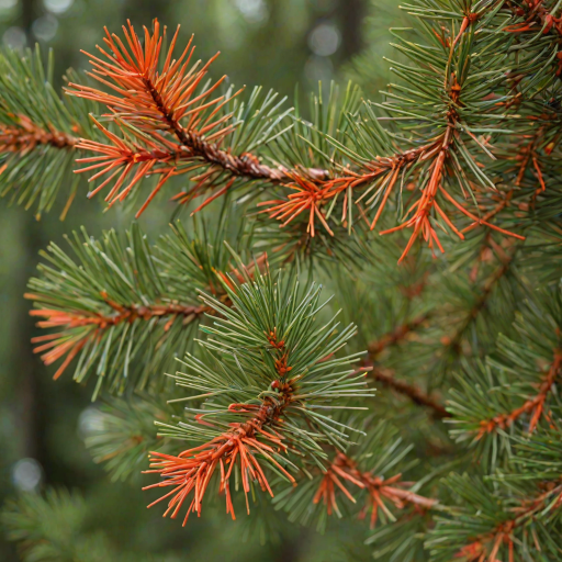 generate an image of close-up red pine tree branches with vibrant orange-red needles against a blurred green background