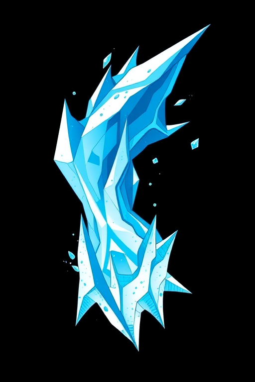 Create an illustration of a stylized icy comet with blue and white hues, featuring sharp spikes and a dynamic tail, using a DSLR camera with an aperture of f/8, a shutter speed of 1/500s, and a 35mm lens, in a bright, high-contrast lighting setup.