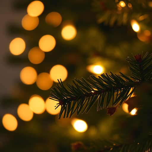 Create an image of a close-up view of a Christmas tree branch with soft glowing fairy lights in the background the overall atmosphere should feel warm and festive with a dark blurred background emphasizing the lights and greenery