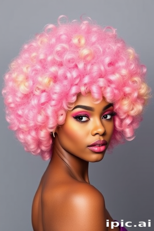 Bubblegum pink afro with rainbow-colored tips, named "Cotton Candy Dream" style, showcasing voluminous curls and a perfectly rounded shape