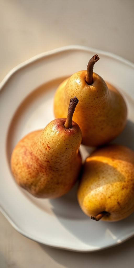 photograph of three pears arranged on a ceramic plate, soft natural light, shallow depth of field, ISO 200, f/2.8, 50mm lens, taken from a top-down view, DSLR camera, focus on textures and colors of the pears, minimalistic background