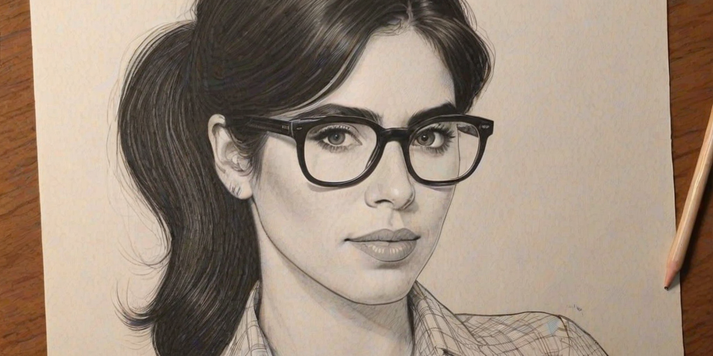 Wonderful Sarah Silverman, pencil sketch, portrait of Beauteous woman 1970s in glasses, hair style beatnik, outline, clear lines, fine lines, 8k