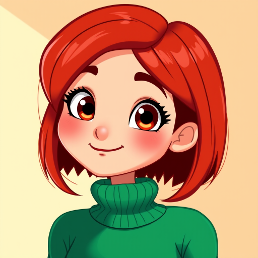 Create a digital illustration of a cartoon woman with short red hair, large expressive eyes, and a subtle smile, wearing a green sweater, vibrant colors, high contrast, with a clean background, shot with a DSLR camera using a 50mm lens at f/2.8 aperture, ISO 200, and in natural lighting for sharp detail and rich color.