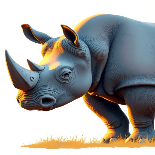 Generate a detailed, colored illustration of a rhinoceros standing side profile, with a smooth texture, warm lighting, shallow depth of field, using a DSLR camera at f/2.8 aperture, 85mm lens, ISO 200, 1/125s shutter speed for sharp focus and rich detail.
