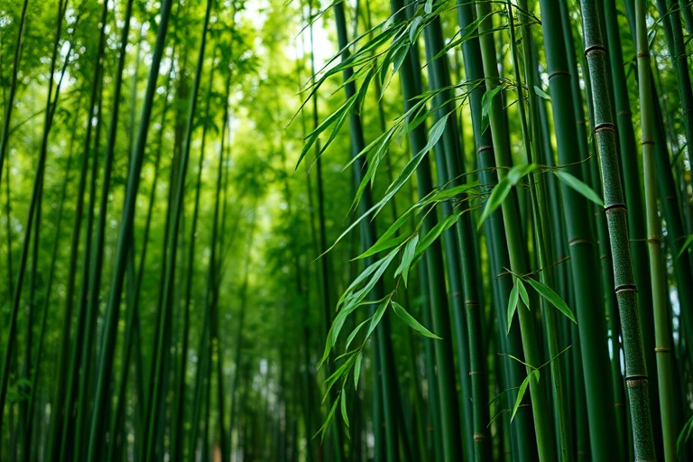 Generate a high-resolution image of lush green bamboo with a focus on detail and texture, using a DSLR camera with a 50mm lens, aperture set to f/2.8 for a shallow depth of field, ISO 200, and natural lighting to enhance the vibrant colors and clarity.