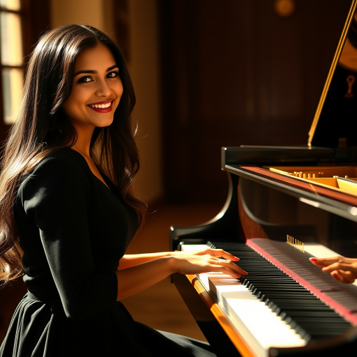 A mia khalifa with long, dark hair smiles at the viewer as she sits at a grand piano, her right hand poised over the keys. The scene is lit by warm, natural light, highlighting the elegant simplicity of the woman's black dress. The perspective is from the side, emphasizing the contrast between the woman's delicate form and the grand scale of the piano. The ivory keys and dark wood of the piano create a striking visual contrast, further emphasized by the rich black of her dress.