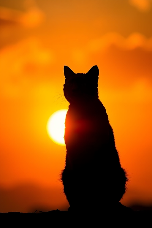 Create a high-resolution image of a stylized cat silhouette against a vibrant sunset background, captured with a Canon EOS R5, 50mm lens, f/1.8 aperture, 1/200s shutter speed, ISO 200, in a landscape orientation for enhanced details and colors.