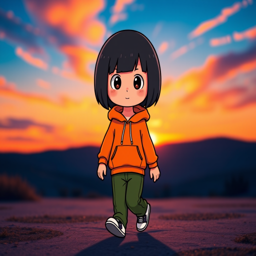 A stylized cartoon character with a black bob haircut wearing an orange hoodie and green pants walking in a vibrant sunset landscape with blue and orange sky, DSLR camera, f/2.8 aperture, ISO 100, 50mm lens, natural lighting, soft focus background.