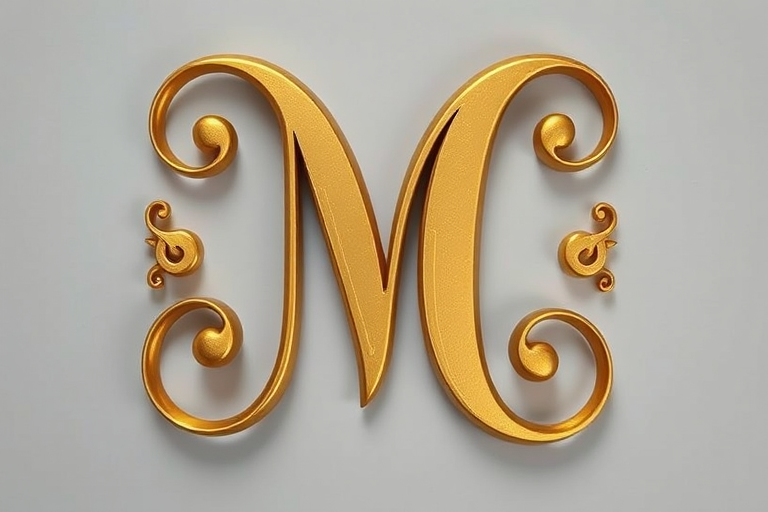 generate a high-resolution image of an elegant gold letter M with intricate spirals and curves, use a depth of field setting of f/2.8, 50mm lens, top-down view, designed with soft lighting to enhance the metallic shine, shot on a digital SLR camera.