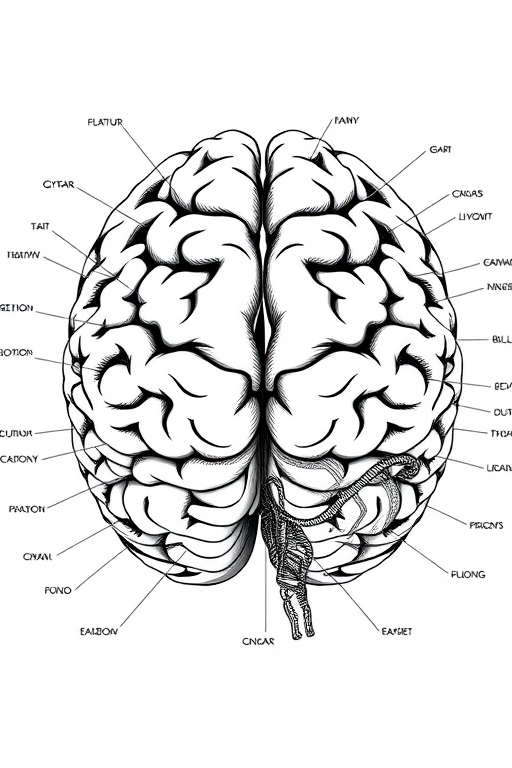 Generate a high-resolution diagram of the human brain with labeled lobes and gyri, using a Canon EOS R5 with a 50mm lens, f/2.8 aperture, and ISO 100, in a high-contrast, detailed illustration style.