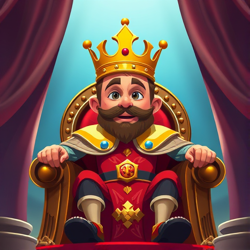 Create a vibrant digital illustration of a cartoon king sitting confidently on a throne, adorned with a golden crown and luxurious clothing, using a Canon EOS R5 with a 50mm lens, aperture f/1.8, ISO 100, 1/200s, shot from a low-angle perspective to enhance grandeur and detail.