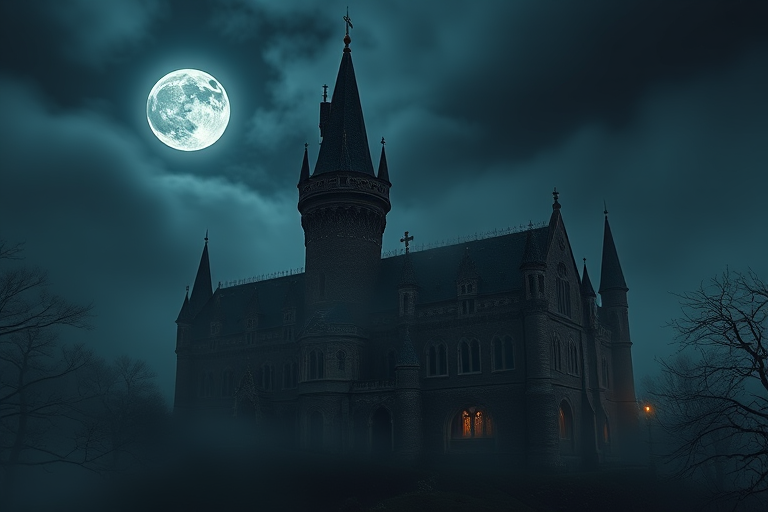 A gothic castle under a full moon with a mystical atmosphere, surrounded by fog and eerie lighting, taken with a DSLR camera at f/8, ISO 200, 24mm lens, long exposure to enhance details and depth.