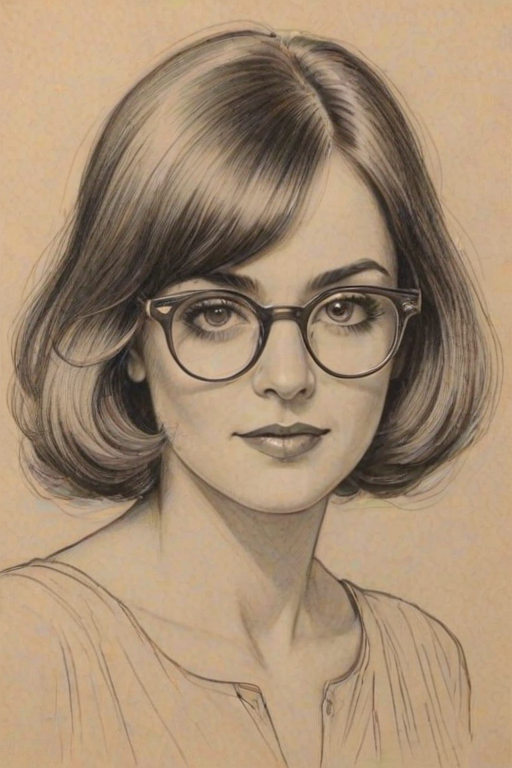 Bewitching Emmy Lou Harris, pencil sketch, portrait of Radiant woman 1926s in glasses, hair style beatnik, outline, clear lines, fine lines, 8k
