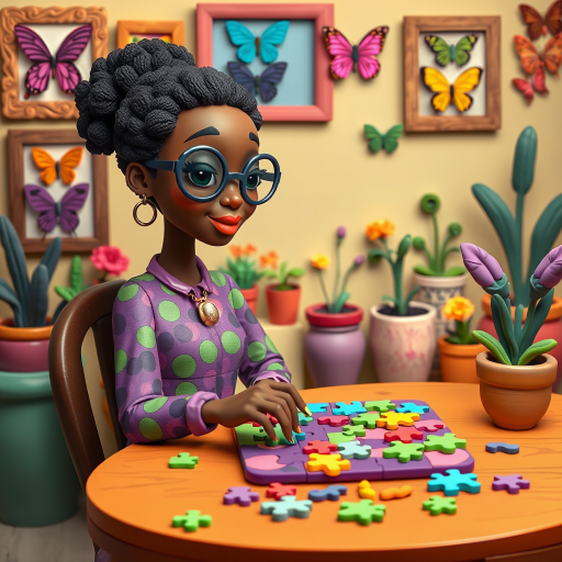 A vibrant and whimsical illustration of an african american woman sitting at a table working on a colorful jigsaw puzzle. she is wearing round glasses, and patterned clothing in shades of purple and green.  The background features an eclectic collection of framed butterflies, potted plants, and other natural elements, creating a warm and inviting atmosphere. The style is playful and modern, with rich textures, intricate details, and a lively color palette.