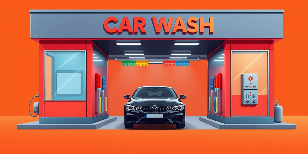Create a high-resolution digital illustration of a car wash building with colorful brushes and a black car entering, set against a vibrant orange background, captured from a straight-on perspective using a DSLR camera with a 50mm lens at f/8, ISO 200, and a shutter speed of 1/250s for clarity and detail.