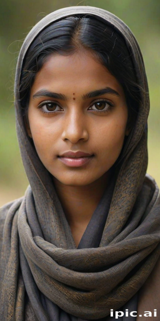 Create a portrait of a young Sri Lankan woman with long, dark hair and captivating hazel eyes. She is wearing a dark headscarf and a matching scarf draped gracefully around her neck. The background is softly blurred, focusing attention on her serene and natural expression. The overall color palette is muted and warm, enhancing the intimate and authentic feel of the portrait.