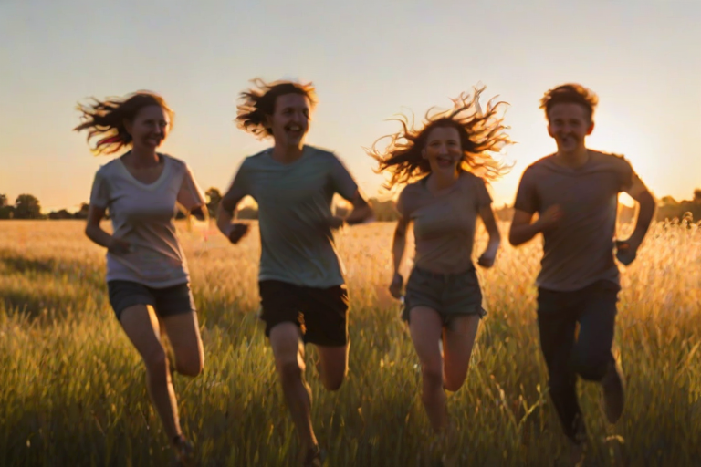 Blurry, fast-paced image of a group of teenagers running through a field at sunset, laughter frozen in the moment, the golden light of the setting sun casting long shadows, soft breeze rustling the grass, distant trees silhouetted against the sky.