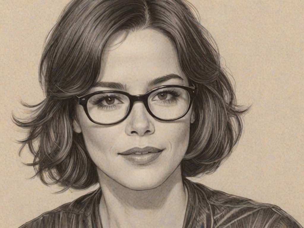 Attractive Parker Posey, pencil sketch, portrait of Beauteous woman 1929s in glasses, hair style beatnik, outline, clear lines, fine lines, 8k