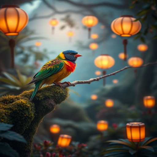 Regenerate a vibrant fantasy scene featuring two colorful birds perched on a mossy branch in a mystical landscape with soft glowing lanterns and lush foliage, captured with a Canon EOS R5, 50mm f/1.2 lens, aperture set to f/1.8, ISO 100, and a shallow depth of field for a dreamy focus effect.