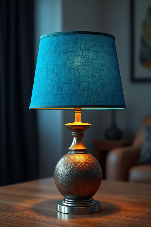 Generate a realistic 3D rendering of a decorative lamp with a textured blue shade, using a Canon EOS R5 camera, 50mm lens, f/1.8 aperture, ISO 100, in a well-lit indoor environment with soft lighting to enhance shadows and highlights.