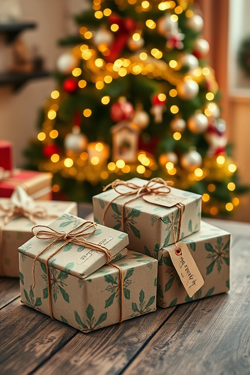 Create an image of beautifully wrapped Christmas presents with twine and tags, placed on a rustic wooden table. In the background, there is a softly lit Christmas tree adorned with warm lights and festive decorations, creating a cozy holiday atmosphere.