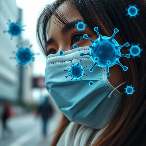 Close-up of a woman wearing a mask in an urban setting with a focus on stylized blue virus particles overlaying the scene, 85mm lens, f/1.8 aperture, ISO 200, 1/250 sec shutter speed, shot in macro photography style with a Canon DSLR.