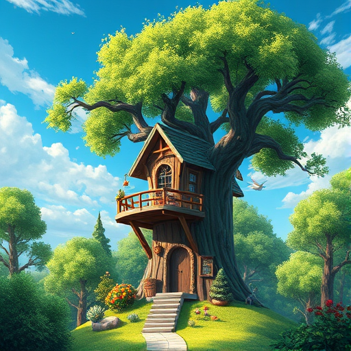 Create a high-quality illustration of a whimsical treehouse surrounded by lush green trees and a vibrant blue sky, captured with a Canon EOS R5 at f/2.8, ISO 100, and a 24mm lens from a slightly elevated angle to enhance depth and detail.