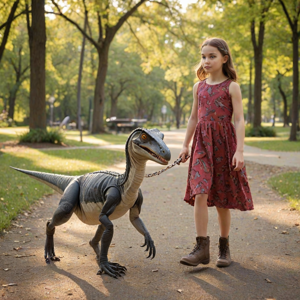 12 year old girl in a dress walking her pet Velociraptor on a leash through a park