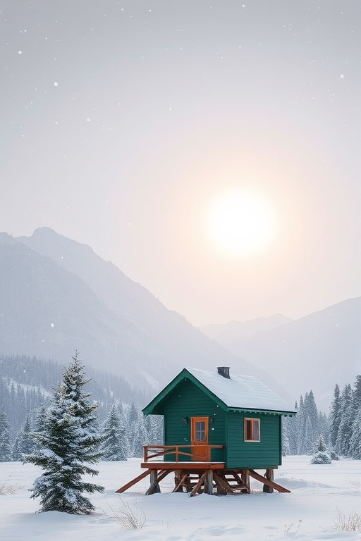 Create a serene winter landscape featuring a quaint green cabin on stilts, surrounded by snow-covered mountains, evergreen trees, and a large sun rising in a gray sky with snowflakes gently falling, captured with a DSLR camera at f/8, ISO 100, shutter speed 1/250s, with a wide-angle lens for a dynamic view.