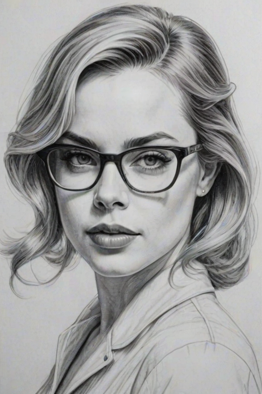 Bewitching Melissa George, pencil sketch, portrait of Radiant woman 1956s in glasses, hair style beatnik, outline, clear lines, fine lines, 8k